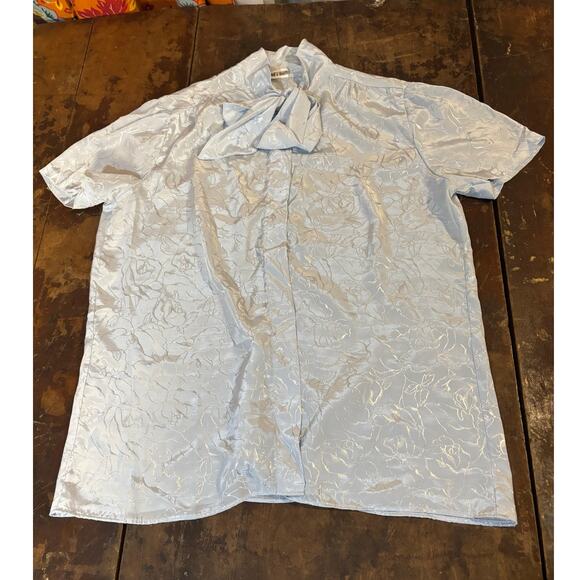 Blue Laura Mae 1980's tie neck blouse with blue floral design - Picture 1 of 6